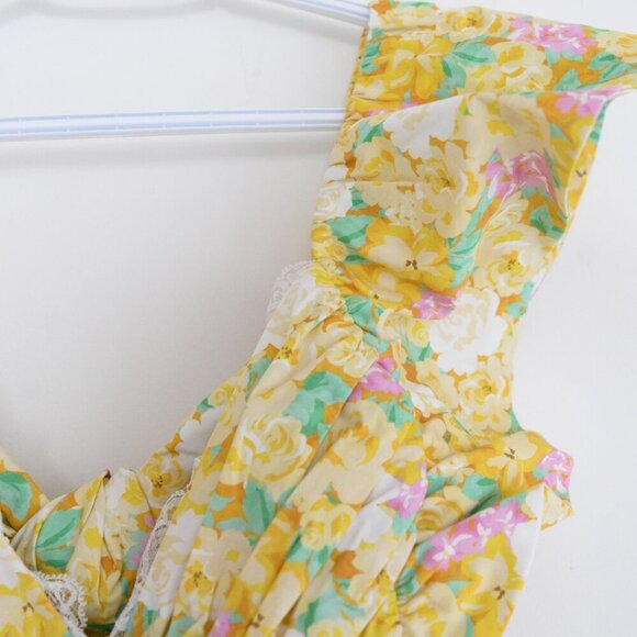For Love & Lemons Yellow Tamra Dress with Florals & Ruffle Mini Dress M - Picture 7 of 13